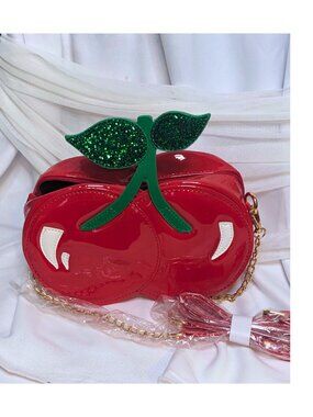 Cherry Crossbody Bag Red Patent Leather Novelty Purse Glitter Stem Chain Strap